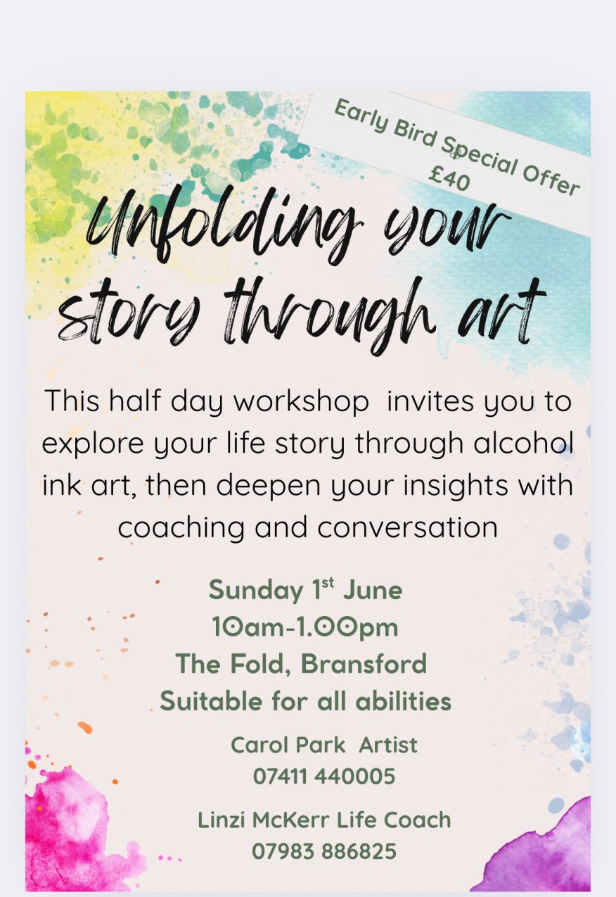 A colourful poster outlines the date and time of a half day art and coaching workshop